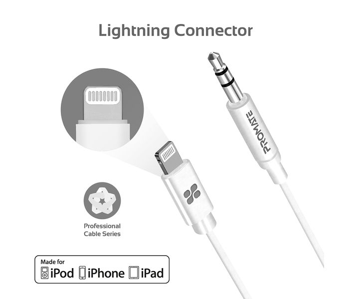 Promate AudioLink-LT1 Apple MFi Certified 3.5mm Lightning AUX Cable - White - Zoom Image 2