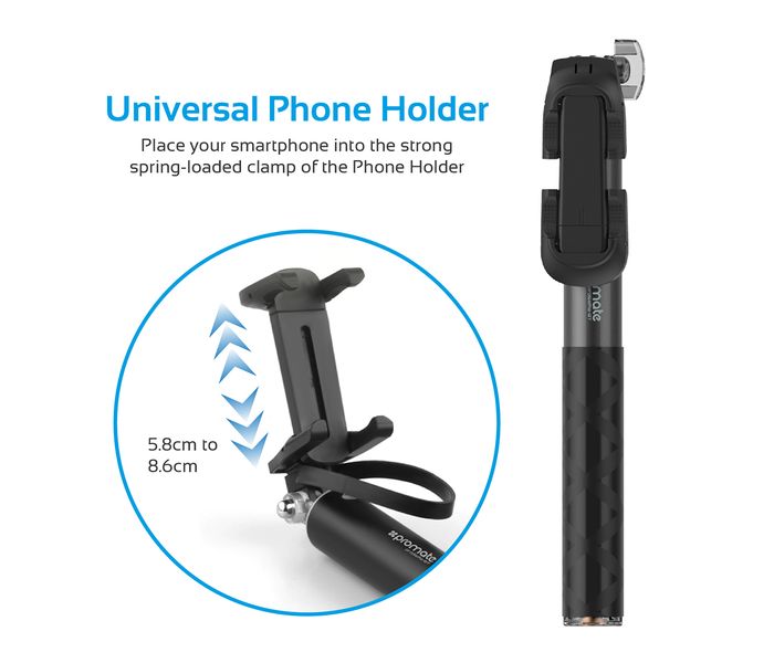 Promate Proselfie 5-in-1 Universal Wireless Selfie Kit with Extendable Monopod - Black - Zoom Image 2