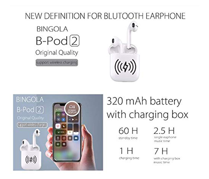 BINGOLA B-POD 2 Wireless Charging Bluetooth Ear Pods with Charging Case - White - Zoom Image 1