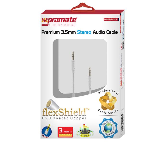 Promate LinkMate-A1L Premium 3.5mm FlexShield PVC Coated AUX Audio Cable - White - Zoom Image 2