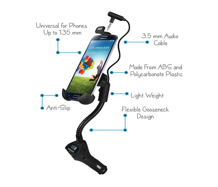 Promate FM13 Universal Smartphone Holder with In-built Hands-free Car FM Transmitter - Black - Zoom Image 1