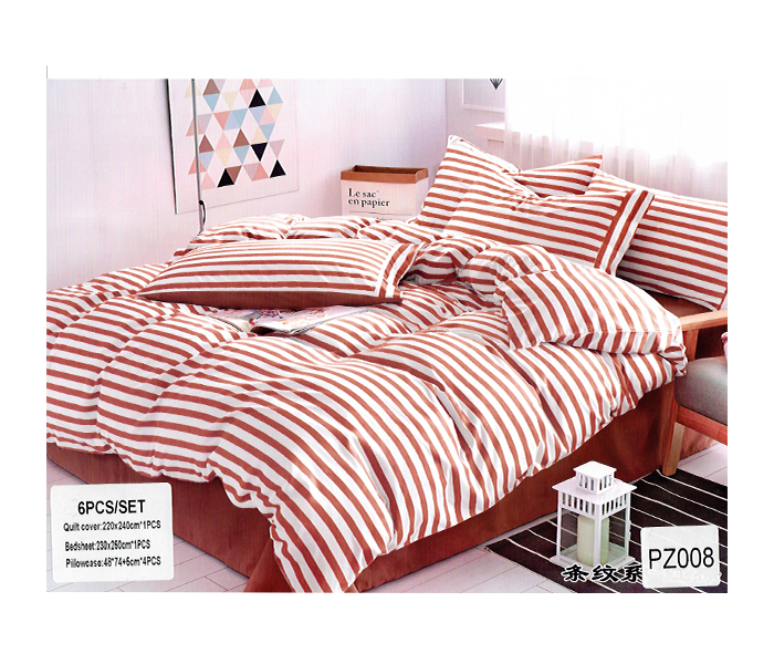 AMH PZ008 6 Pieces Striped Design Cotton Double Size Bed Sheet with Quilt Cover & Pillow Case - Orange - Zoom Image