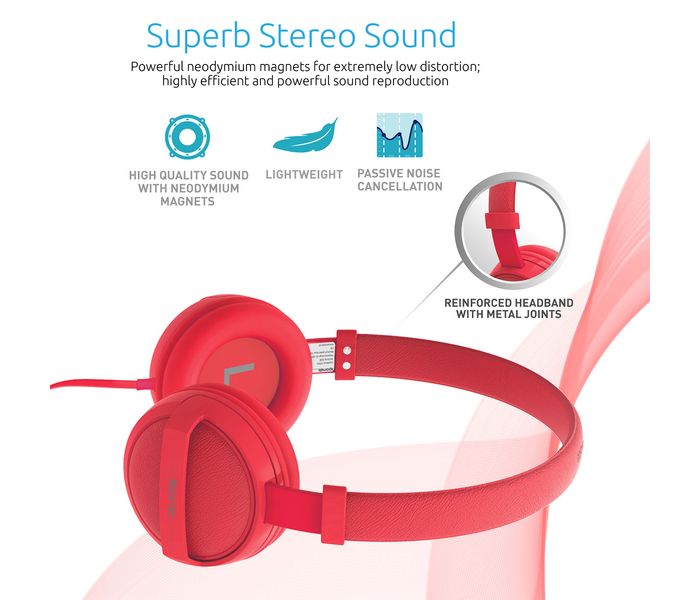 Promate Sonic Kid Friendly On Ear Stereo Wired Headset, Red - Zoom Image 2