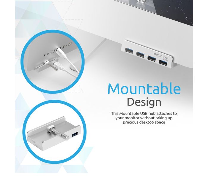 Promate Ihub USB 3.0 4 Port Aluminium Mountable Ultra-Fast Hub, Silver - Zoom Image 4