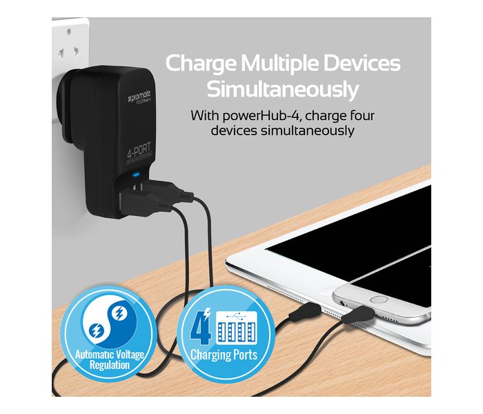 Promate PowerHub-4 6.8A High Speed USB Wall Fast Charger with 4 USB Ports, Black - Zoom Image 3