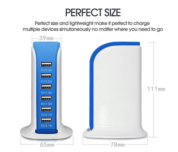 Zooni USB Charging Station With Multi Ports 30 W Power Adapter With 6A 6 Port Travel Adapter - Blue - Zoom Image 2