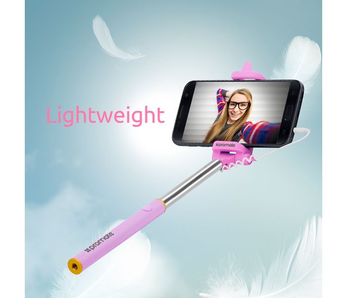 Promate Minipod Perfectly Foldable Extendable Selfie Stick Pole Wire Monopod with Remote Shutter, Pink - Zoom Image 1