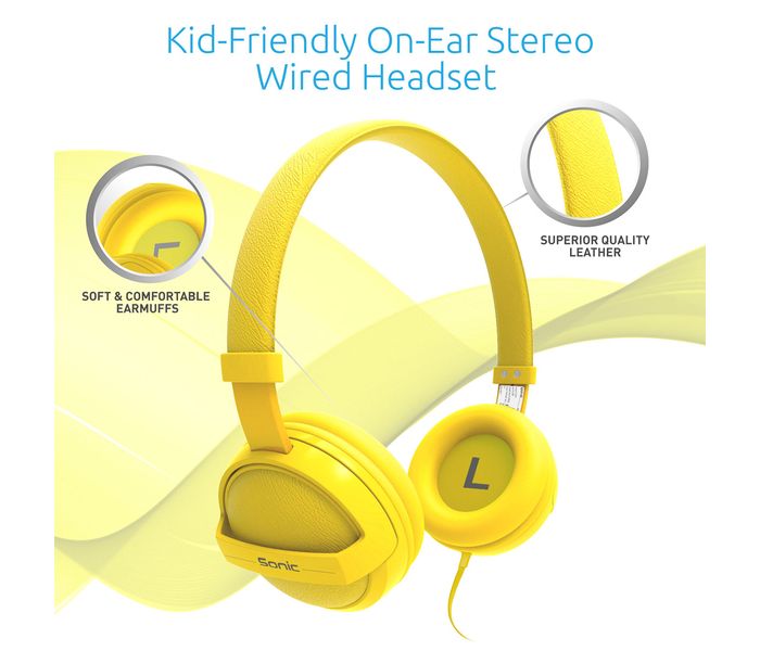 Promate Sonic Kid Friendly On Ear Stereo Wired Headset, Yellow - Zoom Image 1