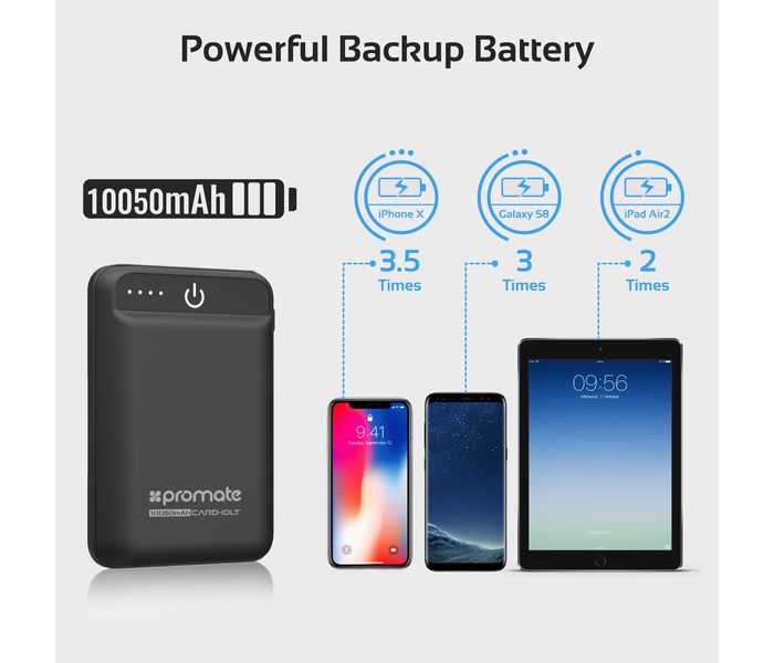 Promate Card-10LT 10050 mAh Fast Charging Power Bank with 2.1A Dual USB Port, Black - Zoom Image 7