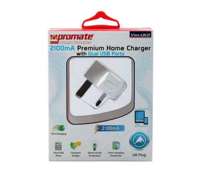 Promate Vim-UK2 2100mA Premium Home Charger with Dual USB Ports, White - Zoom Image 2