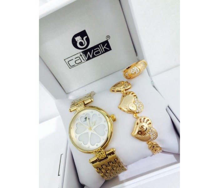 Catwalk CW-1100P Genuine Quality Fashionable Cz Womens Watch with Beauty Bracelet and Ring Gold - Zoom Image