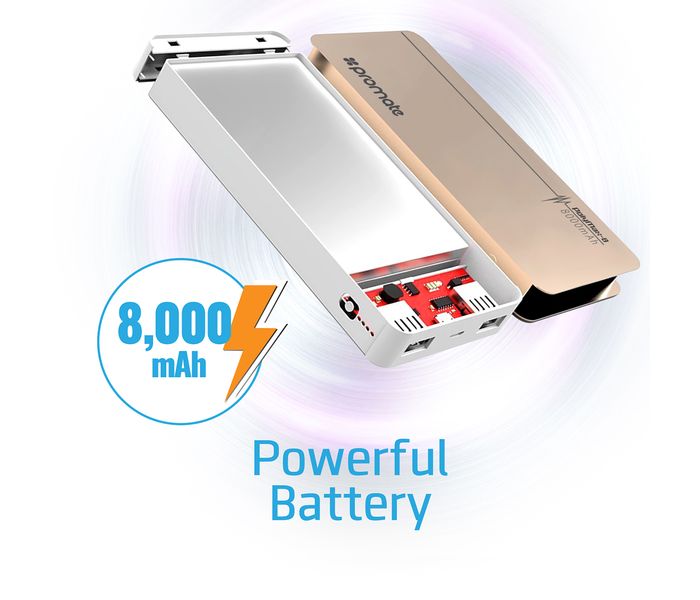 Promate PolyMax-8 8000 mAh Aluminum Power Bank with Ultra-Fast Dual USB Charging Ports, Gold - Zoom Image 2