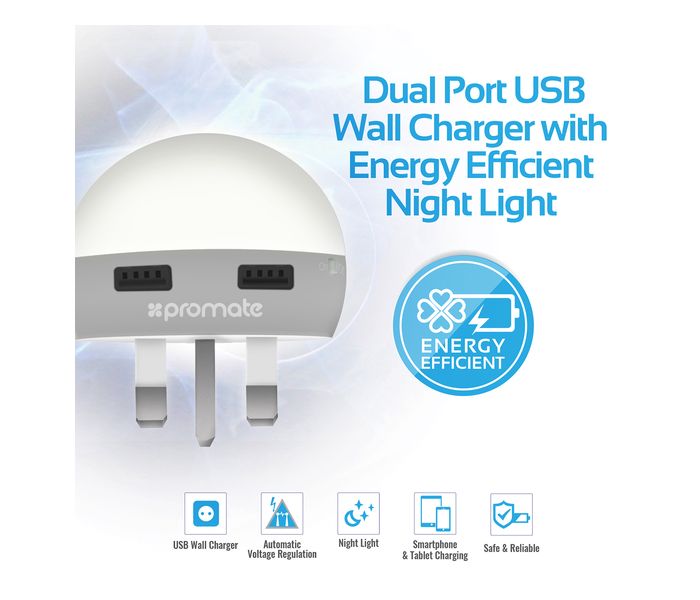 Promate Glint.UK 2.1A Dual Port USB Mains Wall Charger with LED Night Light, White - Zoom Image 1