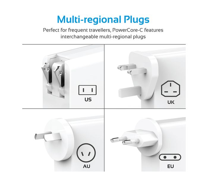 Promate PowerCore-C 60W Multi Regional Plug USB C Wall Adapter with Power Delivery, White - Zoom Image 8