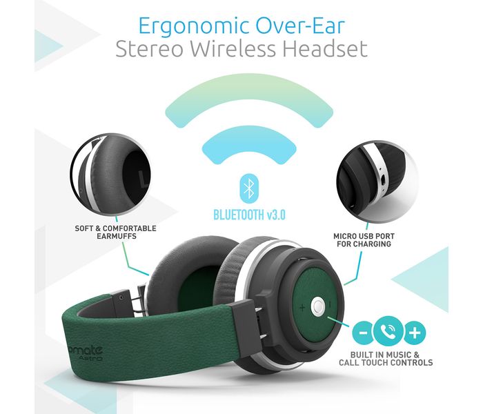 Promate Astro Bluetooth Over Ear Headphone with Mic, Green - Zoom Image 1