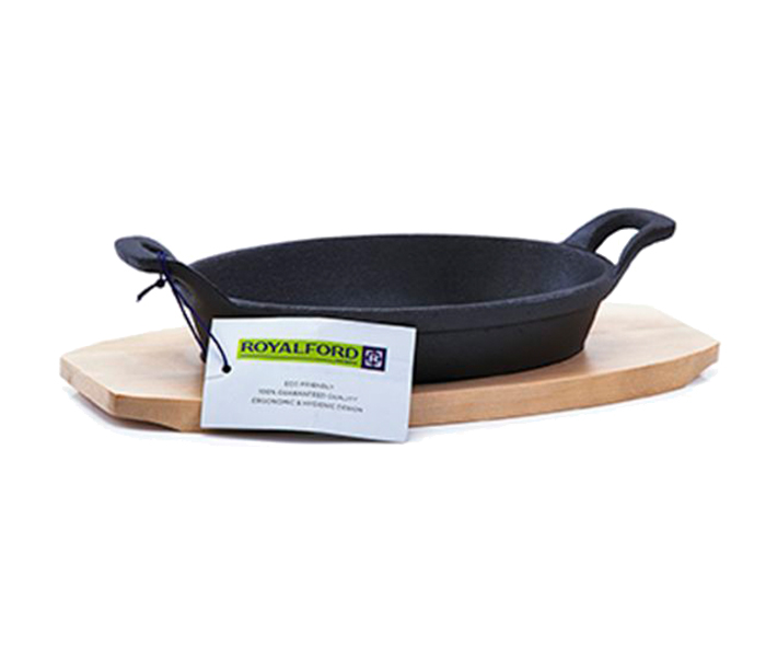 Royalford RFU9060 22CM Cast Iron Oval Dish with Wooden Tray - Black & Beige - Zoom Image 1