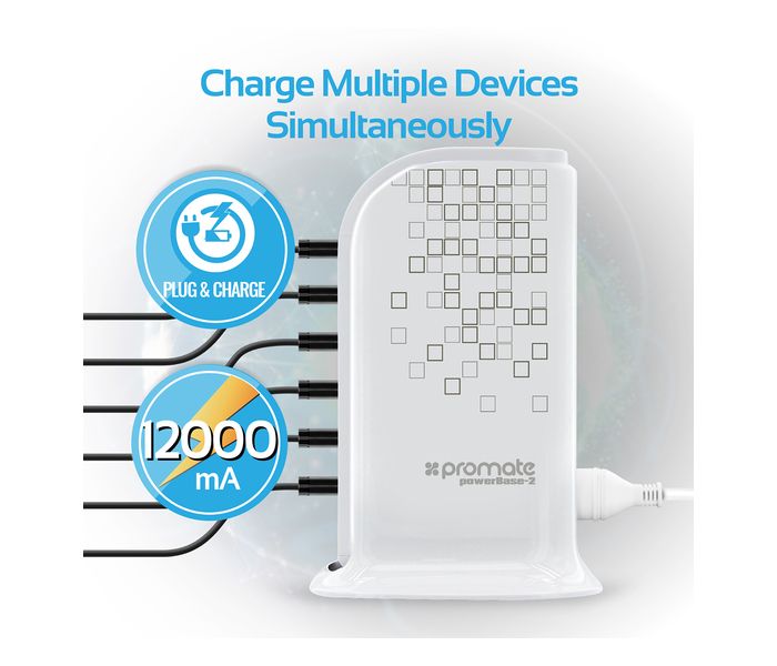 Promate PowerBase-2 12000mAh Fast AC Charging Station Hub with 6 USB Ports, White - Zoom Image 3