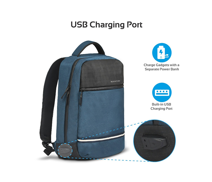 Promate Explorer-BP 13-inch Anti-Theft Laptop Backpack with USB Charging Port - Blue - Zoom Image 4