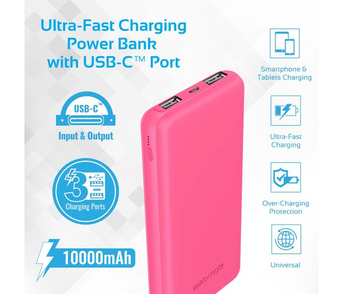 Promate VolTag-10C 10000 mAh Portable Charger Power Bank with Dual USB, Pink - Zoom Image 1