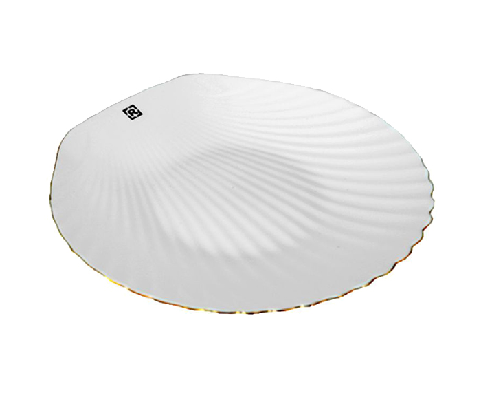 Royalford RF8845 12-inch Opal Ware Serving Plate with Shell Gold Rim - White - Zoom Image