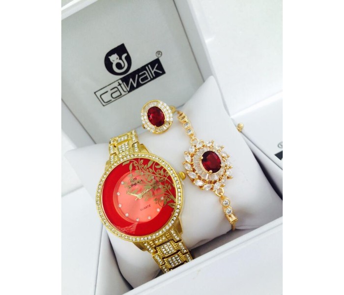 Catwalk CW-1900P Genuine Quality Fashionable Cz Womens Watch with Beauty Bracelet and Ring Gold - Zoom Image