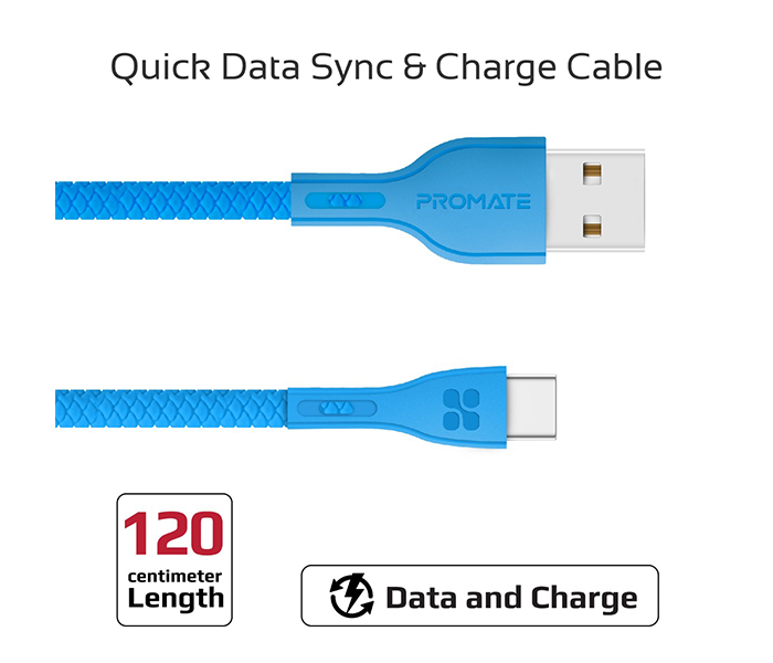 Promate Powerbeam-C USB to USB Type C Fast Charging Cable with Over-Current Protection - 1.2 Metre, Blue - Zoom Image 1