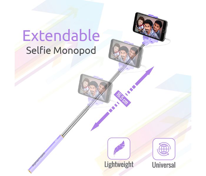 Promate Minipod Perfectly Foldable Extendable Selfie Stick Pole Wire Monopod with Remote Shutter, Purple - Zoom Image 2