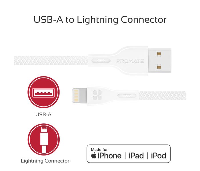 Promate Powerbeam-i Lightning to USB-A Charging Cable - 1.2 Metre, White - Zoom Image 2