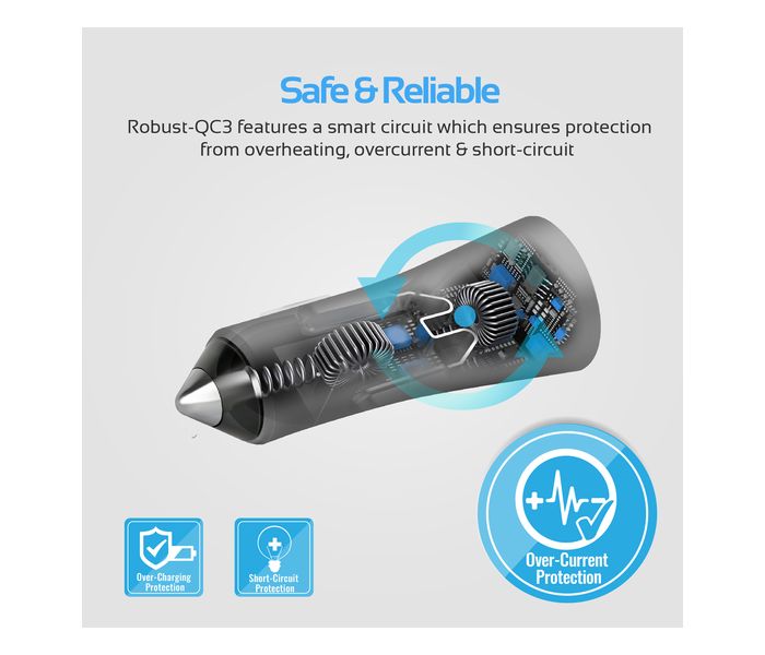 Promate Robust-QC3 Car Charger with Qualcomm Quick Charge 3.0 Dual USB Port, Grey - Zoom Image 4