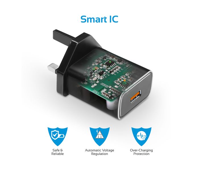 Promate ChargeMate-QC3.UK USB Type C Adaptive Fast Travel Charger Kit with Qualcomm Quick Charge 3.0 Wall Charger, Black - Zoom Image 2