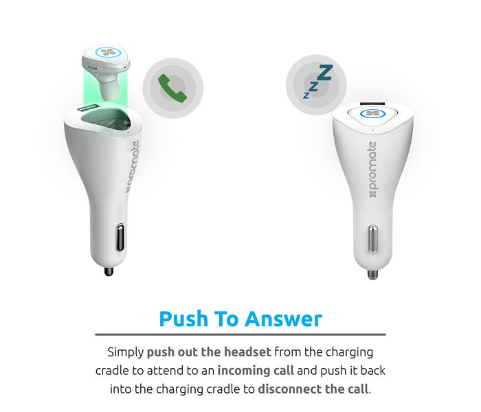 Promate Aria 2A Usb Car Charger with Magnetic Charging Station and Mini Bluetooth Headphone, White - Zoom Image 2