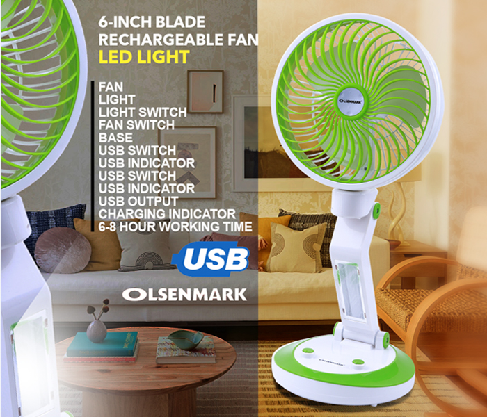 Olsenmark OMF1735 6 inch Blade Rechargeable Fan with LED Light USB Charging - Zoom Image 1