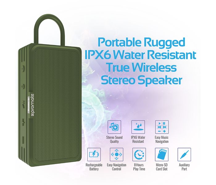 Promate Rustic-3 10W IPX6 Waterproof Wireless Speaker with Micro SD Card Slot - Green - Zoom Image 1