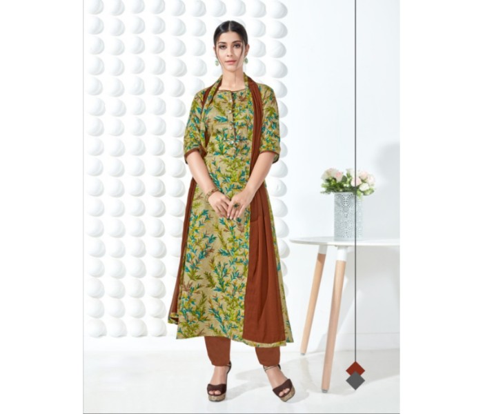 Ziyata Collections ZY2002 Unstitched Cotton Churidar Green and Brown - Zoom Image