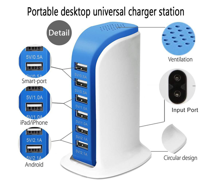 Zooni USB Charging Station With Multi Ports 30 W Power Adapter With 6A 6 Port Travel Adapter - Blue - Zoom Image 1