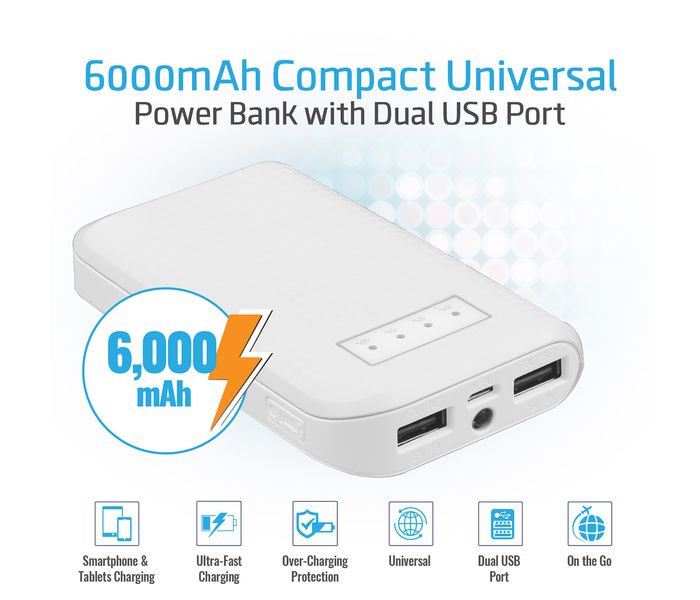 Promate ReliefMate-6 6000 mAh Compact Universal Power Bank, White - Zoom Image 1