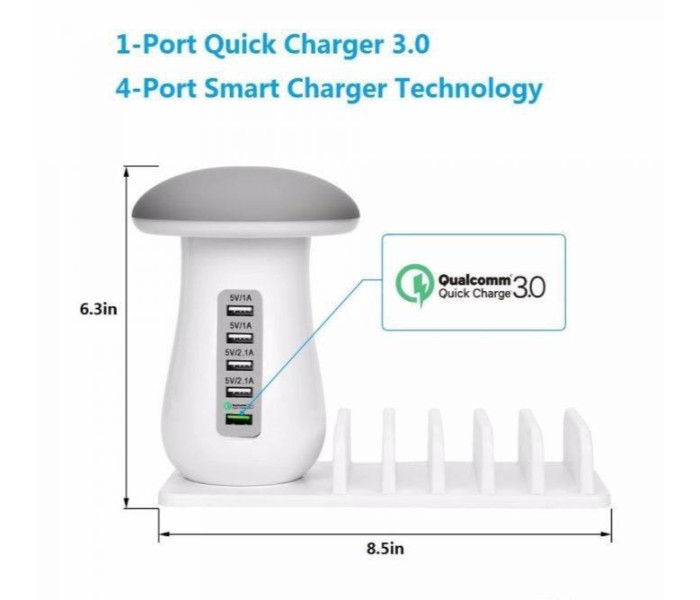 5 Port USB Charging Station with Qualcomm Quick Charge 3.0 Technology and Mushroom LED Desktop Lamp CTM54 White - Zoom Image 3