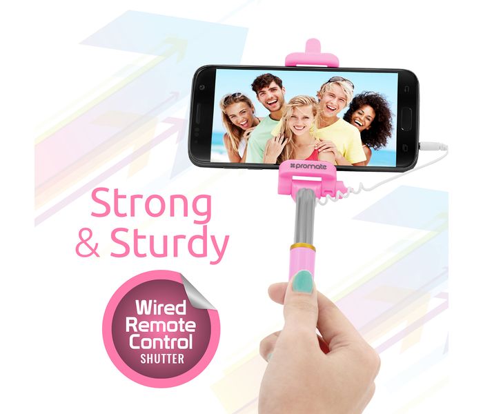 Promate Minipod Perfectly Foldable Extendable Selfie Stick Pole Wire Monopod with Remote Shutter, Pink - Zoom Image 3