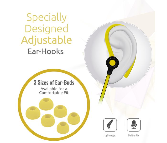 Promate Jazzy In Ear Wired Earhook Headphones with Built-In Microphone, Yellow - Zoom Image 2