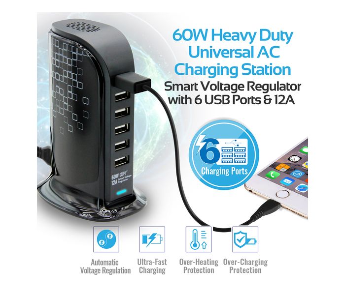 Promate PowerBase-2 12000mAh Fast AC Charging Station Hub with 6 USB Ports, Black - Zoom Image 1