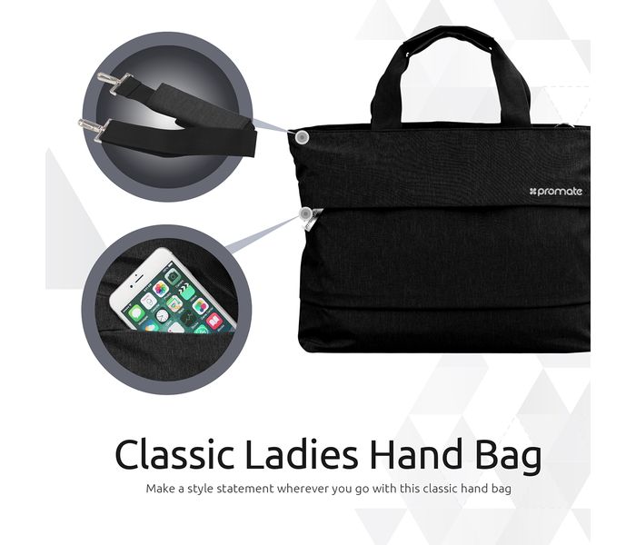 Promate Desire-LD 13 inch Classic Design Laptop Handbag with Multiple Storage Options, Black - Zoom Image 4