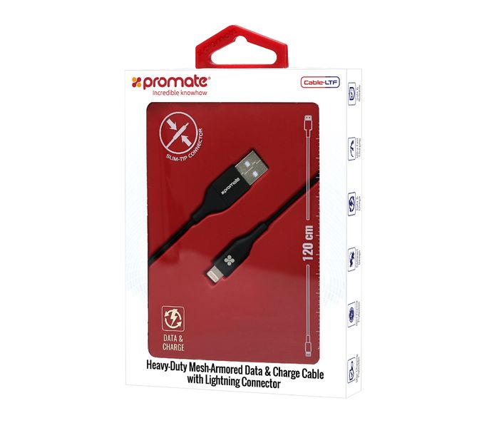 Promate Cable-LTF Heavy Duty Mesh Armored USB Lightning Charge Cable - Black - Zoom Image 9