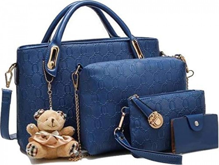 ELLEN AM02 Emboss Plaid Bag Women Luxury 4pc Handbag with Bear - Blue - Zoom Image 2