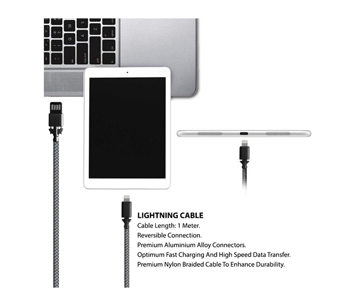 Trands TR-CA1354 Nylon Braided Lightning USB Cable for Iphone - Black - Zoom Image 2