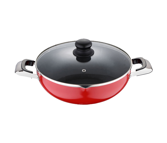 Royalford RF8507 24CM Non-Stick Wok Pan with Glass Lid - Red - Zoom Image