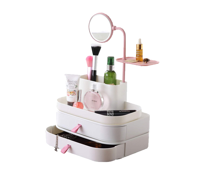 Cosmetic Organizer with Mirror - White & Pink - Zoom Image 1