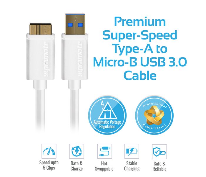 Promate LinkMate-U4L USB Type-A To Micro-B USB 3.0 flexShield PVC Coated Copper Cable for External Hard Drives - White - Zoom Image 1