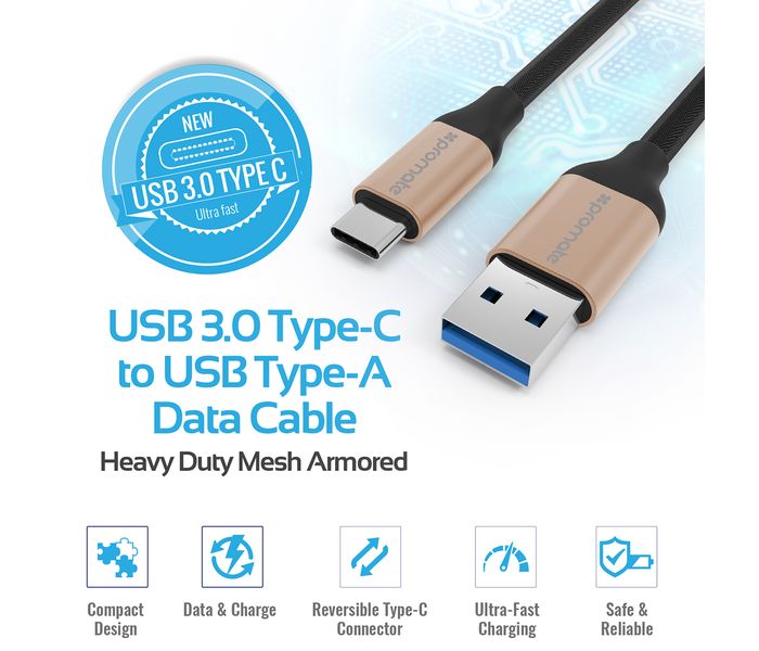 Promate UniLink-CAF USB-C to USB 3.0 Type-A Data and Charging Cable - Gold - Zoom Image 2