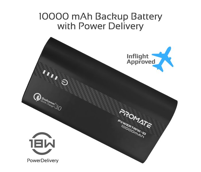 Promate Powertank-10 Portable 10000mAh with QC 3.0 and Over Charging Protection - Black - Zoom Image 1