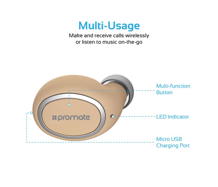 Promate Halo-2 Lightweight Universal Wireless Mono Earphone, Gold - Zoom Image 1